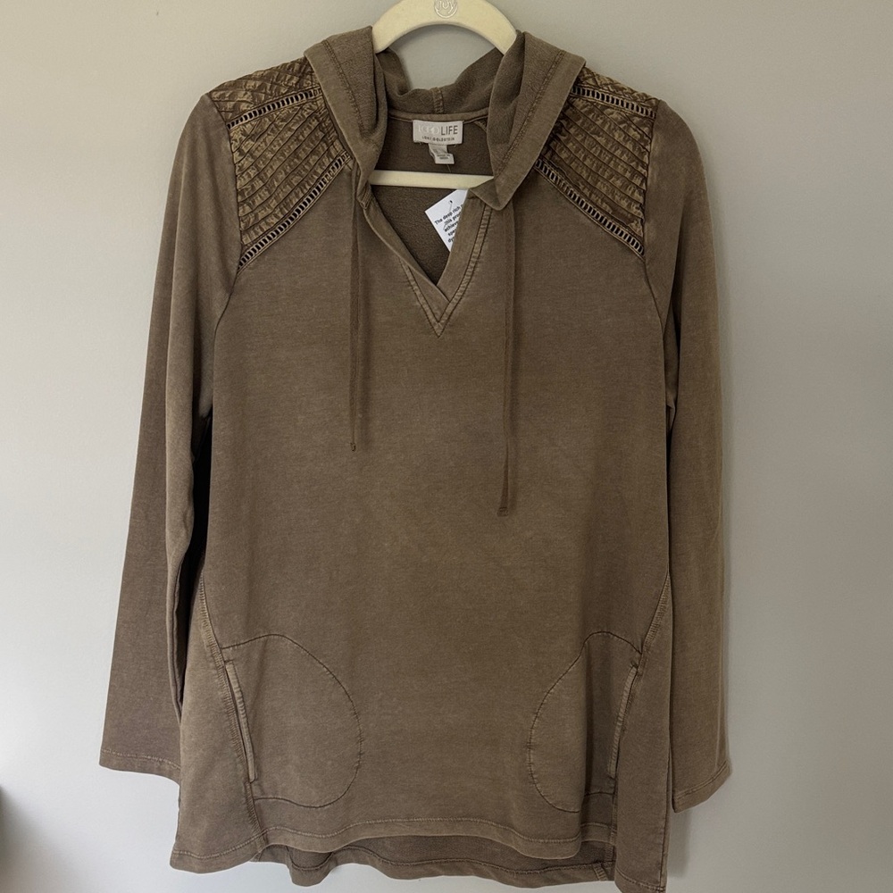 LOGO Life by Lori Goldstein Cinder Brown Hooded Terry Sweatshirt Top Medium NWT